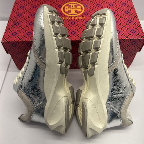 Tory Burch Good Luck Trainer Metallic Silver Leather Womens 5 New in Box - Picture 4 of 11